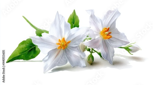 Watercolor painting of Night-flowering Jasmine blossoms with delicate white petals, vibrant yellow centers, and lush green leaves on a clean white background.