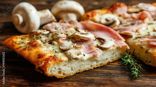 Obraz na płótnie Delicious square pizza with ham and mushrooms resting on wooden table w salonie