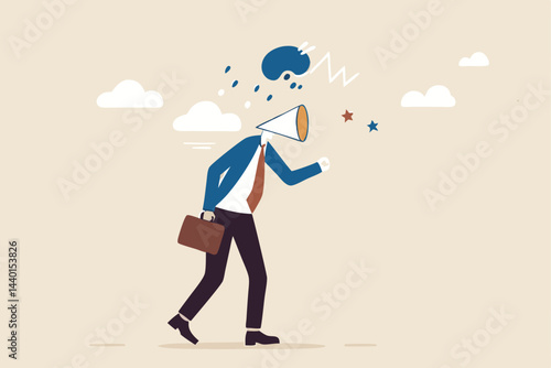 Complain on everything, blame other people, negative feedback, furious anger boss complainer or displeased manager concept, furious businessman boss megaphone head shouting complaint on everything.