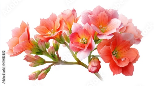 Elegant watercolor illustration of blooming Kalanchoe flowers in pink and orange shades with green buds on a white background.