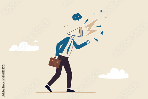 Complain on everything, blame other people, negative feedback, furious anger boss complainer or displeased manager concept, furious businessman boss megaphone head shouting complaint on everything.