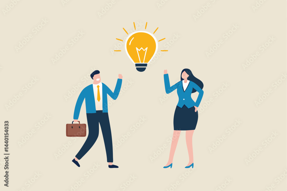 Bright idea to solve problem, business team brainstorm or thinking about new innovative idea, creativity or imagination concept, businessman and businesswoman thinking with bright lightbulb idea. Bright idea to solve problem, business team brainstorm or thinking about new innovative idea, creativity or imagination concept, businessman and businesswoman thinking with bright lightbulb idea.