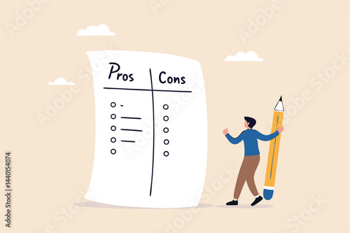 Pros and cons comparison for making business decisions, advantage, positive and negative analysis, information list concept, thoughtful businessman listing business pros and cons to consider benefits.