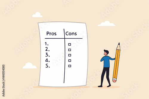 Pros and cons comparison for making business decisions, advantage, positive and negative analysis, information list concept, thoughtful businessman listing business pros and cons to consider benefits.