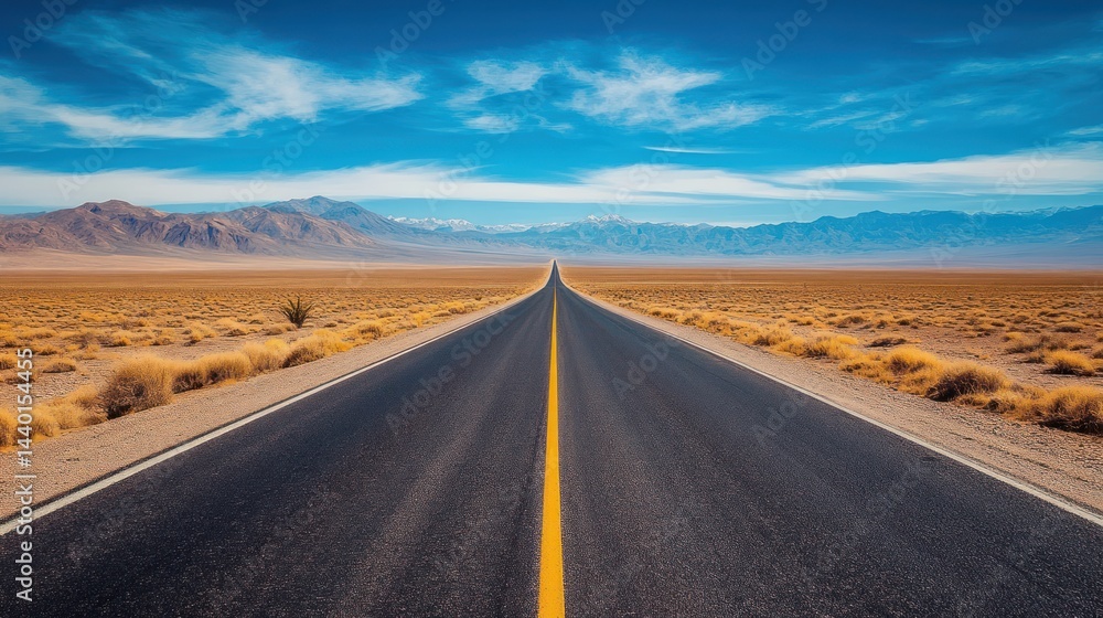 Fototapeta premium Endless Asphalt: A Desert Highway Journey Under a Vast Blue Sky
