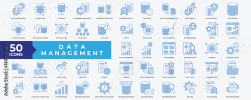 Data Management icon set with Database, Management, Data Transformation, Data Mining, Security, Data System, Cloud, Performance, Data Risk, Statistics, Setting, Data Quality and Data Processing