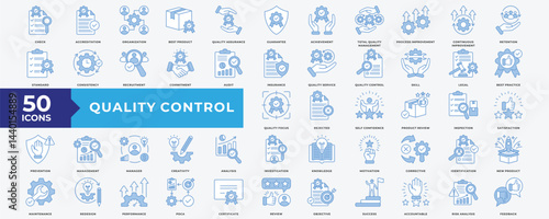 Quality Control icon set with accreditation, best product, quality assurance, achievement, process improvement, continuous improvement, quality service, quality control and maintenance