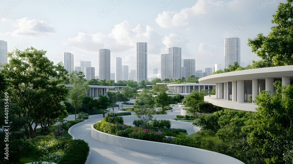 Fototapeta premium Sustainable Futuristic Metropolis with Green Park and Smart Infrastructure