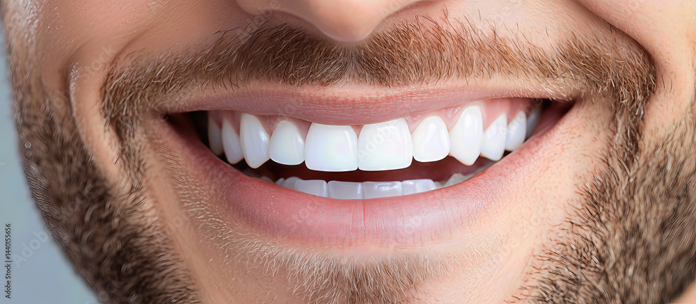 Obraz premium Man smiling showing healthy white teeth and gums, close-up view