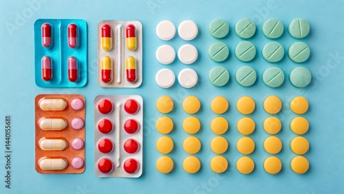 There are various medications on a blue background, including multicolored capsules and tablets. This image reflects the variety of drugs used in medicine and pharmaceuticals.