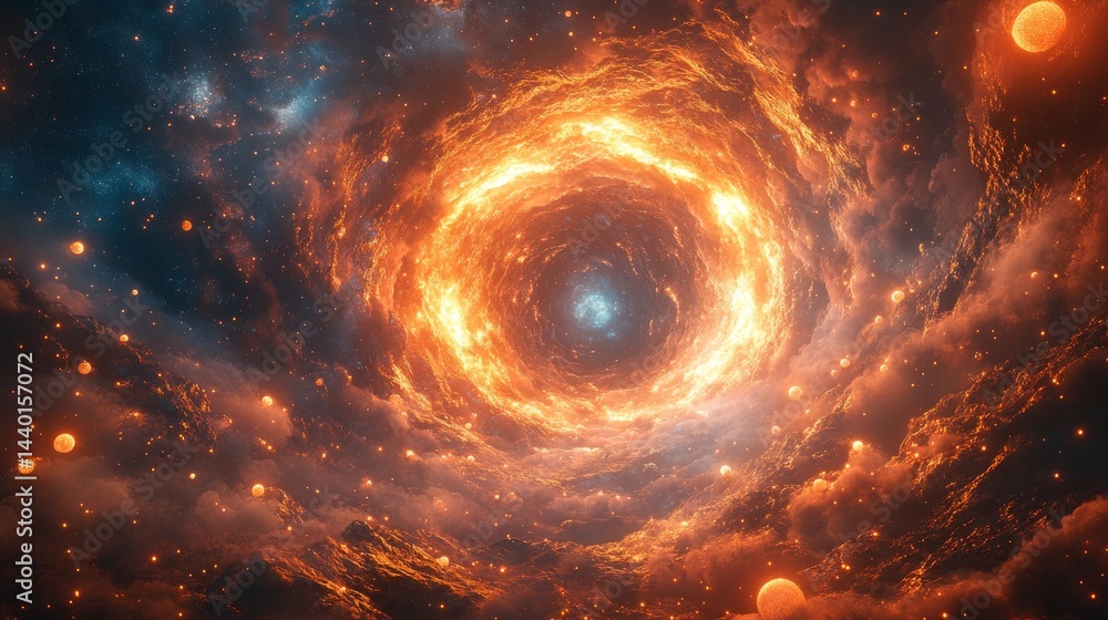 Fototapeta premium A bright orange cloud in the sky with stars and planets in the background