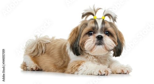 Adorable Shih Tzu Puppy with Hair Bows Studio Shot White Background Pet Portrait