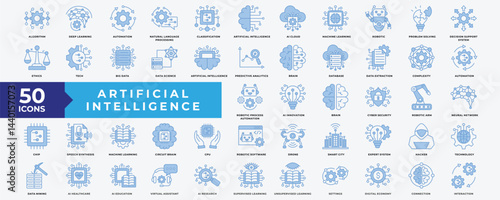 Artificial Intelligence icon set with algorithm, deep learning, automation, machine learning, robotic, data science, brain, robotic process automation, cyber security and neural network