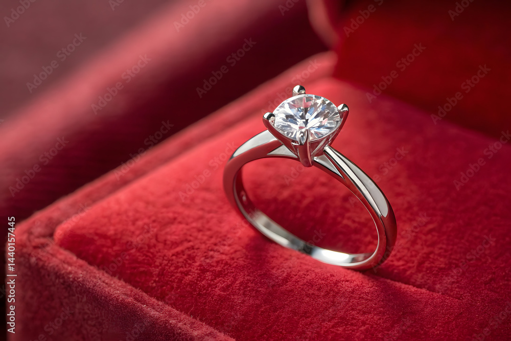 stunning diamond engagement ring displayed in red velvet box, surrounded by soft bokeh lights, creating romantic atmosphere perfect for proposals stunning diamond engagement ring displayed in red velvet box, surrounded by soft bokeh lights, creating romantic atmosphere perfect for proposals