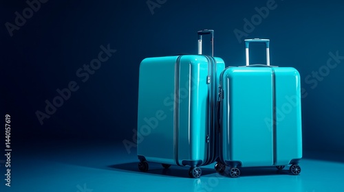 Fototapeta Naklejka Na Ścianę i Meble -  Two blue suitcases are placed on a blue surface