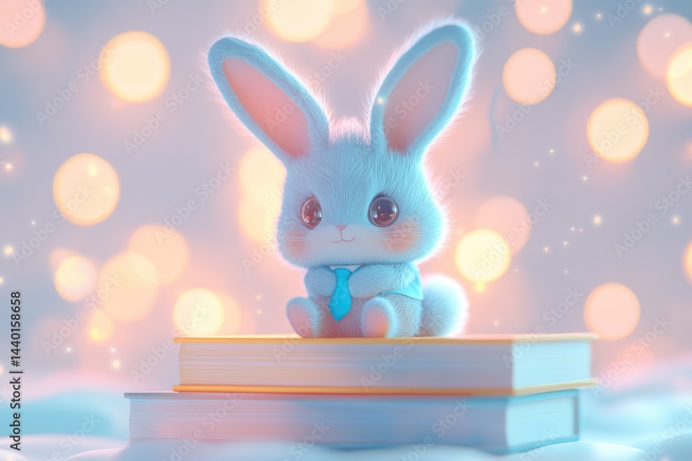 Fototapeta premium Adorable fluffy blue bunny in a tiny tie sits atop a stack of books against a soft, bokeh background.