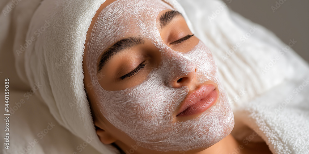 Young woman relaxing with luxurious thermal facial mask in spa setting, representing beauty, skincare, wellness, ideal for spa advertisements, beauty treatments, and health content