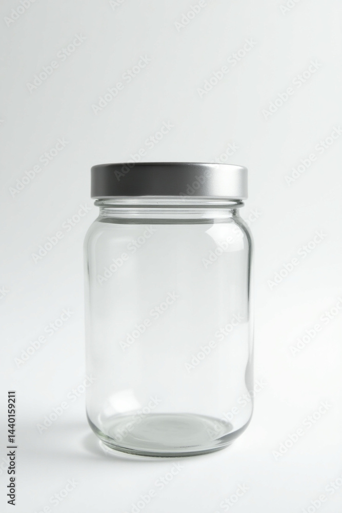 A blank glass jar with metallic lid standing on a clean white surface, professional studio lighting, minimal shadows, high-resolution, no label, no brand, perfect for mockup usage A blank glass jar with metallic lid standing on a clean white surface, professional studio lighting, minimal shadows, high-resolution, no label, no brand, perfect for mockup usage