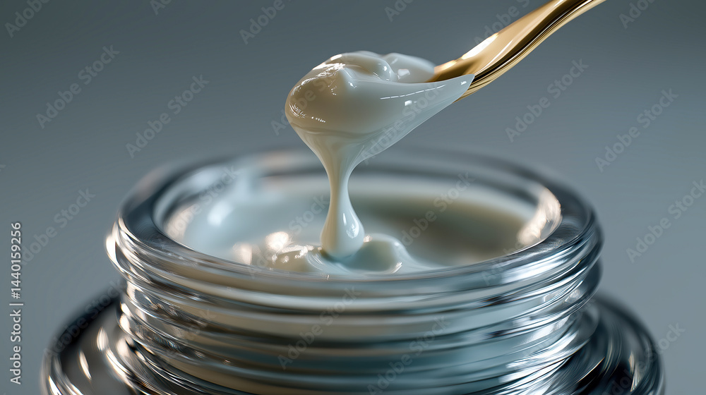 Premium facial moisturizer cream close-up with smooth texture in luxury glass jar, perfect for skincare promotions, beauty product marketing and health branding