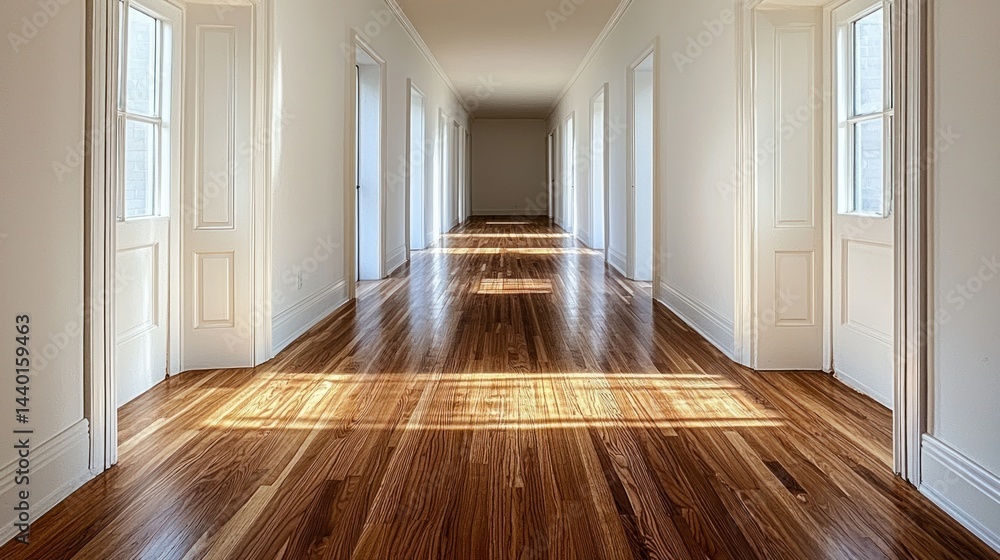 Obraz premium Long corridor. Sunlight on wood floor, white doors/walls
