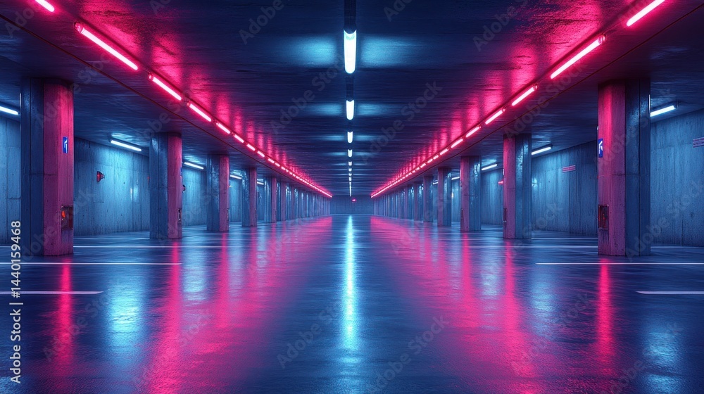 Neon-lit, symmetrical, concrete, endless underground parking Neon-lit, symmetrical, concrete, endless underground parking