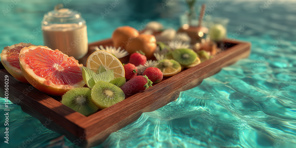 Floating breakfast tray with tropical fruits and drinks in clear villa pool under sunlight, ideal for vacation ads, luxury travel promotions, wellness and tropical lifestyle visuals