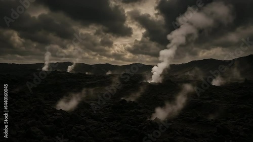 Dramatic Landscape with Volcanic Smoke and Dark Cloudy Sky