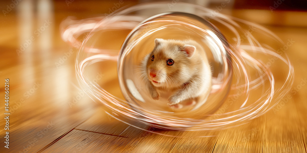 Cute hamster running inside transparent exercise ball on shiny wooden floor, showing energy, playfulness, health, ideal for pet product promotions, wellness campaigns and active lifestyle visuals