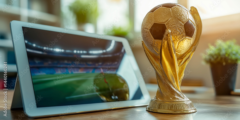 Golden football trophy placed next to tablet streaming live stadium game, symbolizing sports victory, competition, achievement, perfect for sports promotions, trophies ads and events