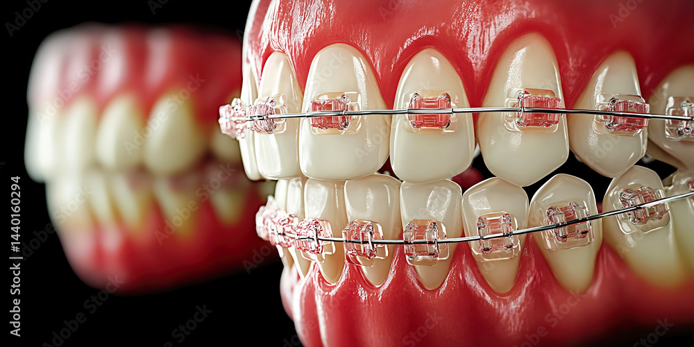 Close-up view of human teeth with transparent ceramic braces on healthy gums against black background, perfect for dental clinics, orthodontic marketing, healthcare and dentistry education