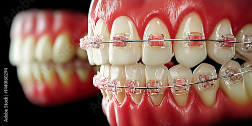Close-up view of human teeth with transparent ceramic braces on healthy gums against black background, perfect for dental clinics, orthodontic marketing, healthcare and dentistry education
