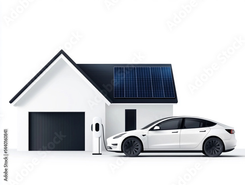 Isometric vector art of a renewable energy home with solar panels, electric car charging outside, light clean background, minimal eco theme 