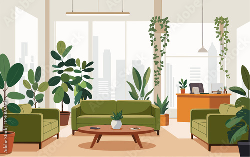 Eco friendly office room with wooden reception, lounge zone with green couch, coffee table and a lot of potted plants. Interior Vector illustration