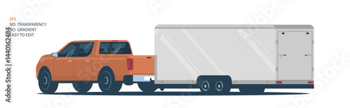 A pickup truck tow 2 axle closed trailer. Vector illustration.