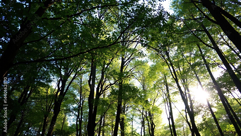 Fototapeta premium Sunlight Filtering Through Lush Forest Canopy, Natural Light