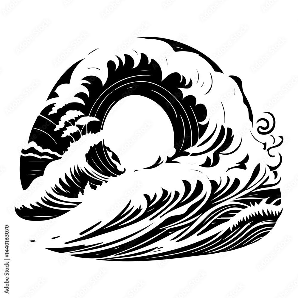 Naklejka premium Dynamic monochrome wave illustration embodying power and nature's unyielding force