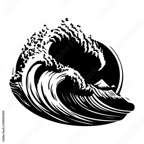 Monochromatic stylized wave cresting over a distant mountain scape illustration