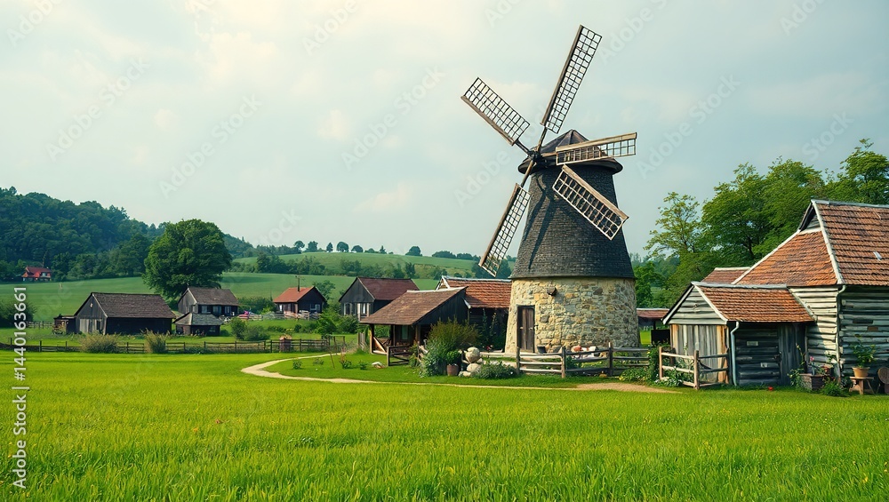 Fototapeta premium Rustic Village Scene: Windmill and Lush Green Fields