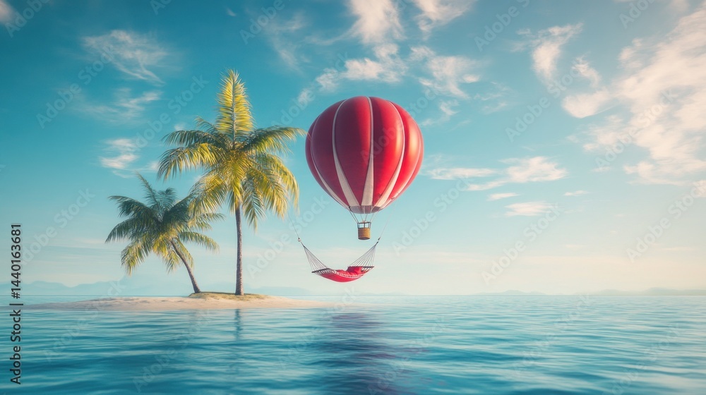 Fototapeta premium Tropical hammock hot air balloon island escape