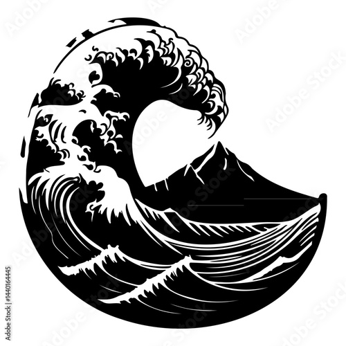 Monochromatic Seascape: Dynamic Wave and Mountain Silhouette Design Illustration
