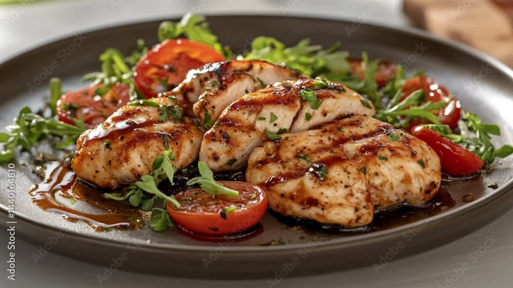 Delicious grilled chicken dish with leaf salad and tomato - 4k closeup Delicious grilled chicken dish with leaf salad and tomato - 4k closeup