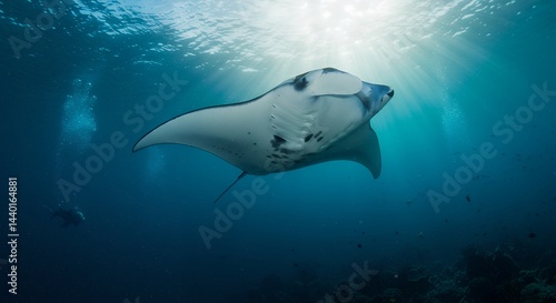 Wallpaper Mural Manta Ray Gliding Underwater with Sun Rays and Scuba Diver Torontodigital.ca