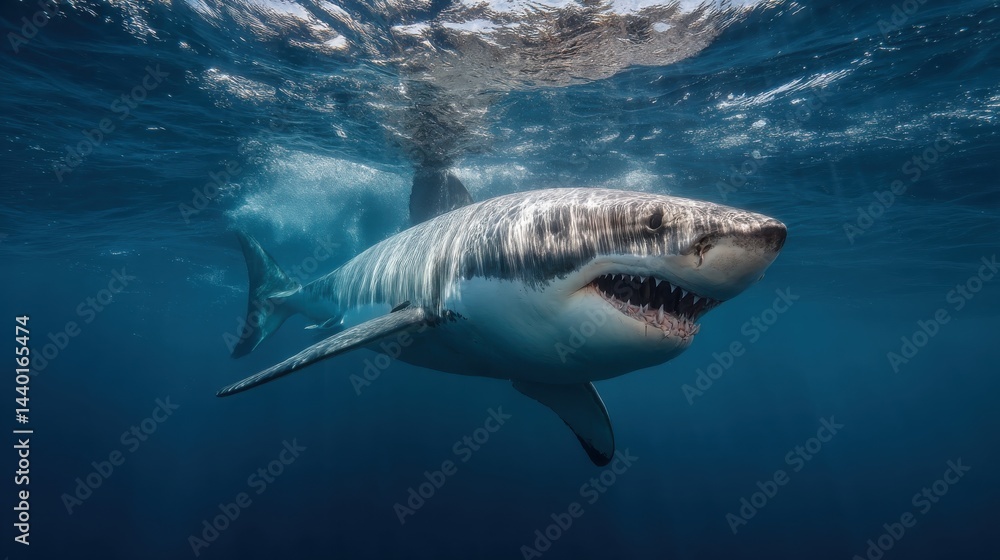 Fototapeta premium Majestic Great White Shark in Deep Ocean