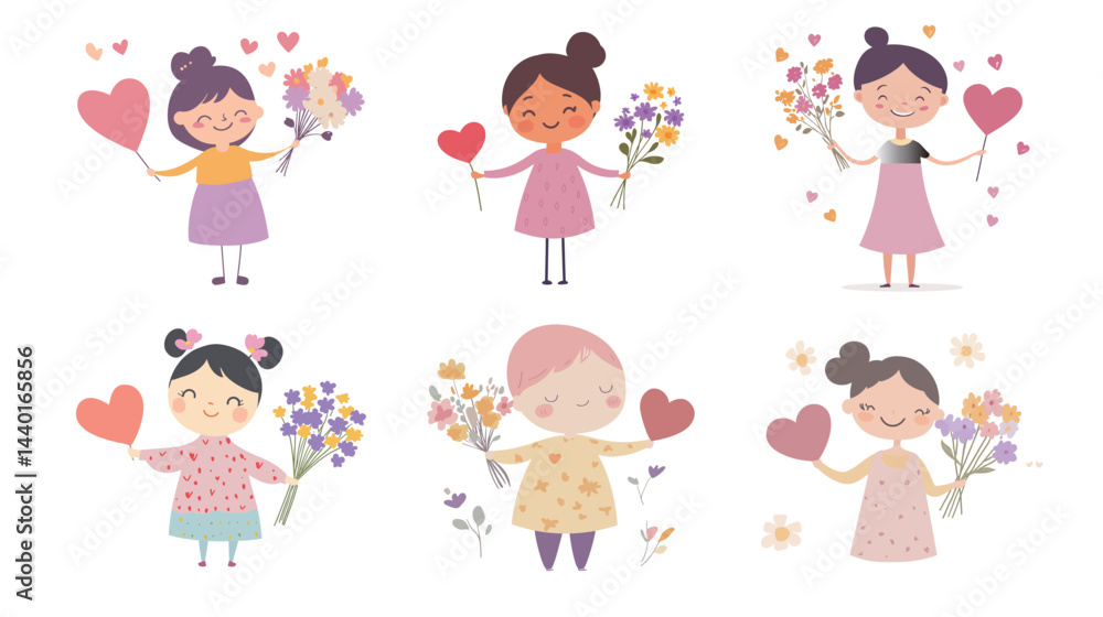 A flat vector illustration of a mother character smiling warmly, radiating love and care, ideal for family, motherhood, and joyful lifestyle graphics. A flat vector illustration of a mother character smiling warmly, radiating love and care, ideal for family, motherhood, and joyful lifestyle graphics.