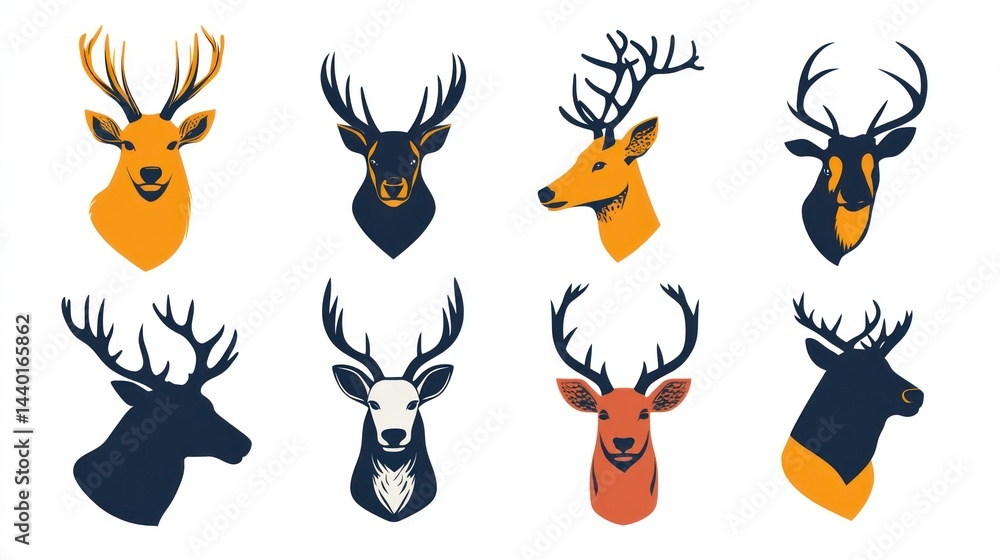 Fototapeta premium Deer heads with antlers set. Wildlife design for prints, web, logo and decoration