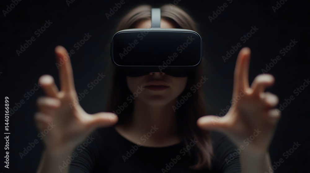 Woman in VR Headset Reaching into Digital World, Symbolizing Virtual Reality Innovation