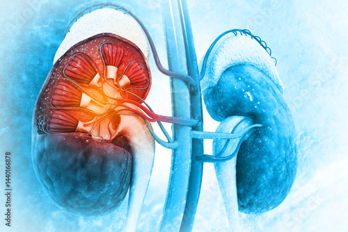 Human kidneys anatomy structure, kidney disease. 3d illustration