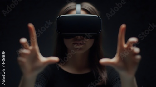 Woman in VR Headset Reaching into Digital World, Symbolizing Virtual Reality Innovation