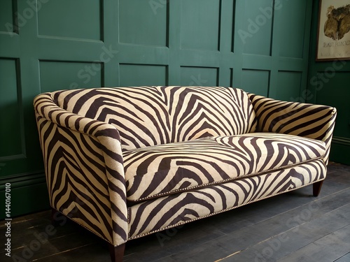 Sofa with zebra texture against a dark green wall