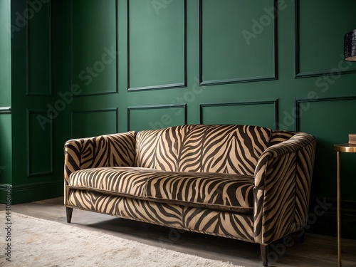 Sofa with zebra texture against a dark green wall